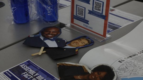 Cutouts of California Assemblymembers Mike Gipson, Assembly District 65; Al Muratsuchi, AD66; and Tina McKinnor, AD61; lay on a table during the El Camino College Associated Students Organization lobbying forum event in the Schauerman Library Collaboration Room on Wednesday, April 23. The event detailed how ASO members went on a lobbying trip to Sacramento regarding Assembly Bills 49 and 90. (Oriana de Quay| The Union)