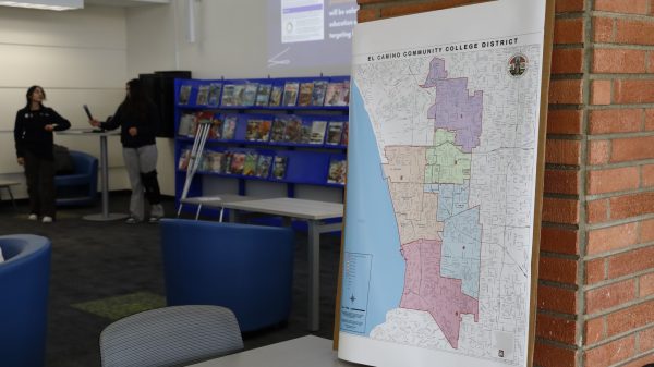 A map of the five areas in which each El Camino Community College District trustee represents is displayed in the Schauerman Library Collaboration Room on Wednesday, April 23. Board Secretary Brett C.S. Roberts serves area 1, trustee Nilo Michelin serves area 2, President Trisha Murakawa serves area 3, Vice President Katherine Maschler serves area 4 and trustee Clifford Numark serves area 5. Trustees serving on the board are elected in general elections. (Nikki Yunker | The Union)