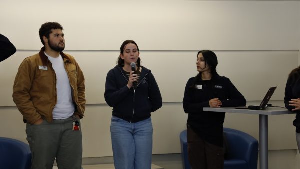 (L-R) El Camino College Associated Students Organization External Affairs Committee members Andres Osorio, ASO director of Student Services; Charlie Mitchell, ASO senator of Mathematical Sciences; and Julissa Celis, ASO senator of Behavioral and Social Sciences; speak at the lobbying forum event on Wednesday, April 23, in the Schauerman Library Collaboration Room following their lobbying trip to Sacramento from March 3-7. (Oriana de Quay | The Union)