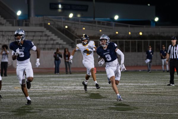 Sophomore defensive back Anthony Delguidice of El Camino gets an interception and returns it 31 yards to the College of the Canyons 12-yard line at Murdock Stadium on Sept. 6. Delguidice and the Warriors' defense got four interceptions throughout the game. (Ryan Hirabayashi | The Union)