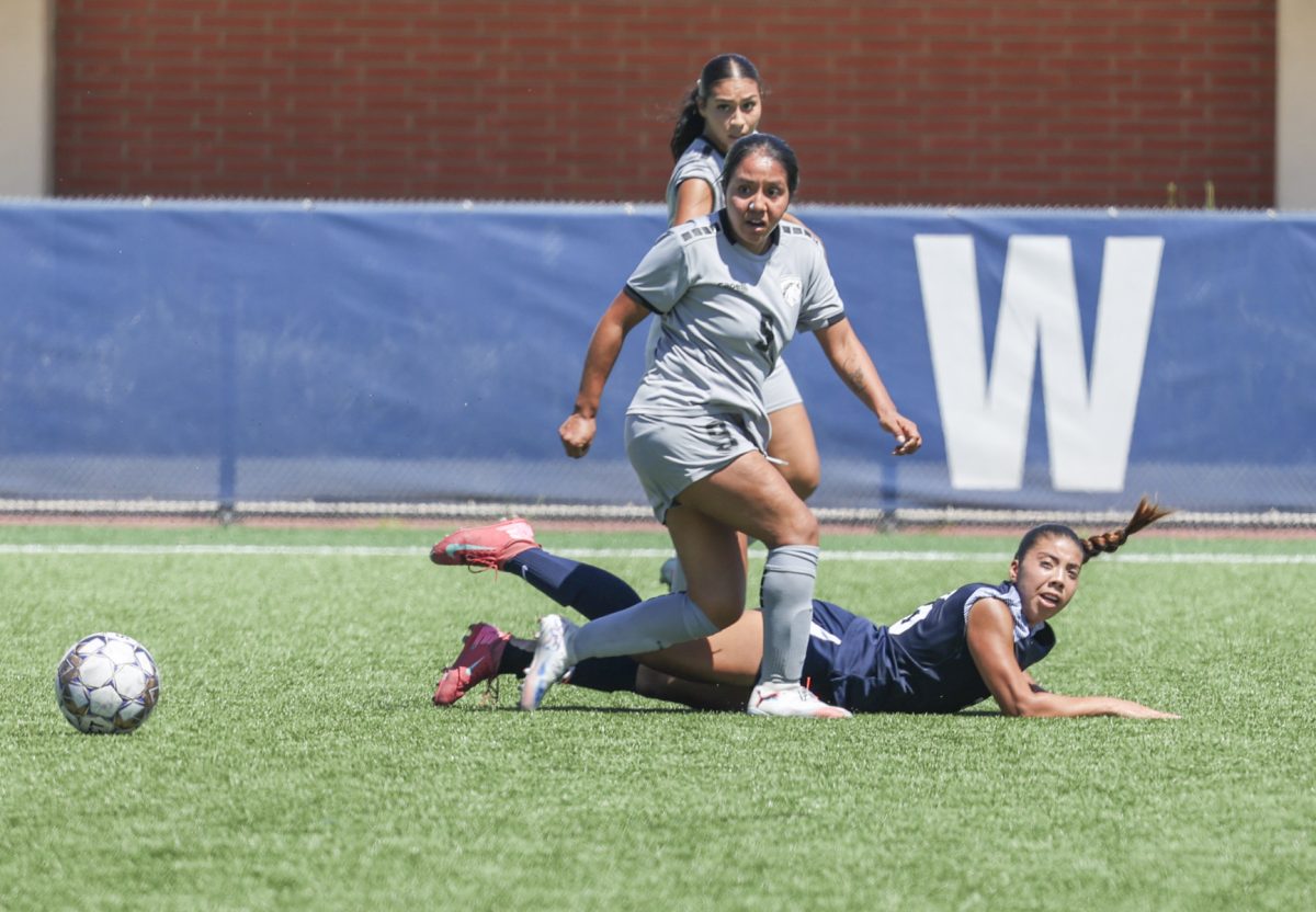 El Camino College Warrior's defender Ivette Perez takes a dive during a women's soccer match against Norco on Wednesday, Sept. 3. The game would result in a 1-1 tie, a first of the season. (Erica Lee | The Union) Photo credit: Erica Lee