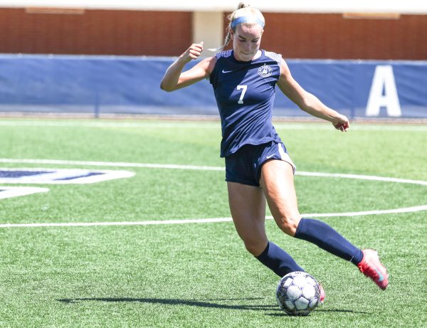 El Camino College Warriors forward Evie Campbell prepares to kick the ball during a home match against Norco on Wednesday, Sep. 3. Campbell would go on to score the only goal for the El Camino women's soccer team.