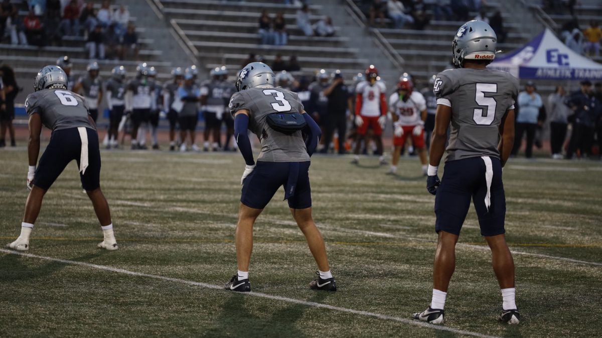 Warriors defensive backs Maurice Stepter Jr. (left) Anthony Delguidice (middle) Cadence Turner (right) in position on the kickoff unit against the Chaffey Panthers. (Savannah Anderson | The Union)