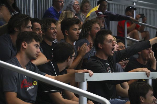 Members of the Chaffey College men's water polo team cheer on the women's team during a match against El Camino College Wednesday, Oct. 1. “Of course, we want to support our women’s team, we love them,” Panther’s center forward Vincent Garibay said. (Lillian Yamada | The Union)