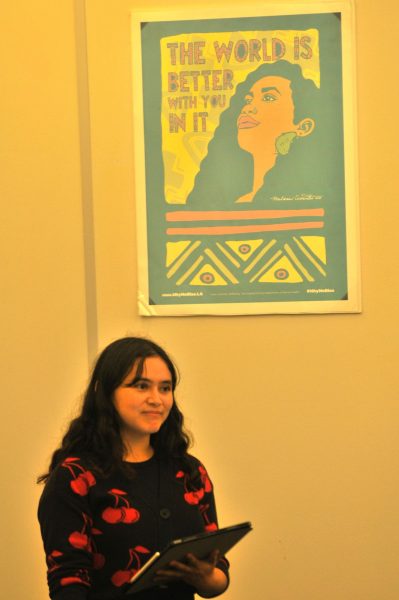 El camino Music major Ellie (20) vocalizes her concerns regarding budget cuts during the I love the arts meeting held in the social justice center on October 24th. (Taheem Lewis | The Union)