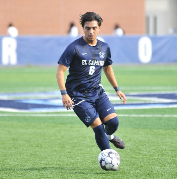 Alexander Salas (6) controls the ball during the Warriors' match at El Camino College. Salas had a strong game and was responsible for one of the Warriors' two goals. His spectacular free-kick proved to be a highlight of the disappointing 3-2 loss.