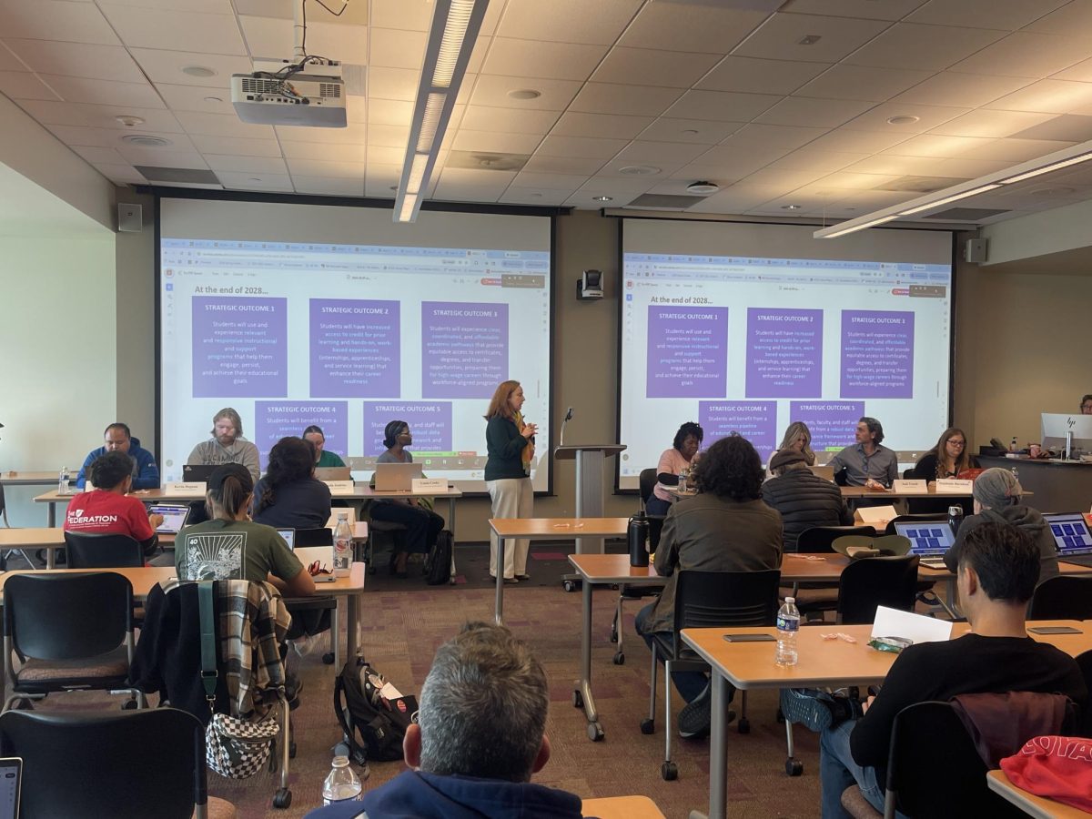 Director of Research and Planning Viviana Unda presents the second reading of the 2025-28 Strategic Plan to Senate. The Strategic Plan outlines actions and values ECC will take to improve student success. Eleni Klostrakis|The Union