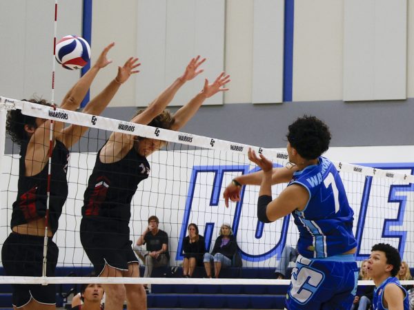 El Camino College Warriors men's volleyball opposite hitter Jordan Jotie, delivers a spike during the first set against Santa Barbara City College in the El Camino gymnasium on Wednesday, March 25, 2026. The Warriors lost to the Santa Barbara 3-0. The Warriors' next men's volleyball game is Friday, March 27, 2026 at Moorpark College. (Matthew Beck | The Union)