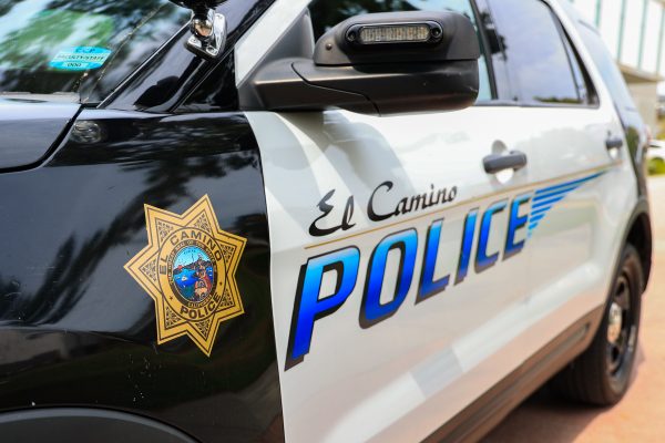 An El Camino College Police Department car sits parked outside the Arts Complex on Sept. 27. ECC released its yearly campus crime report, as required by the Jeanne Clery Campus Safety Act, on Sept. 30. The campus saw a rise in motor vehicle thefts and hate crimes in 2024 when compared to the past two years. (Oriana de Quay | The Union)
