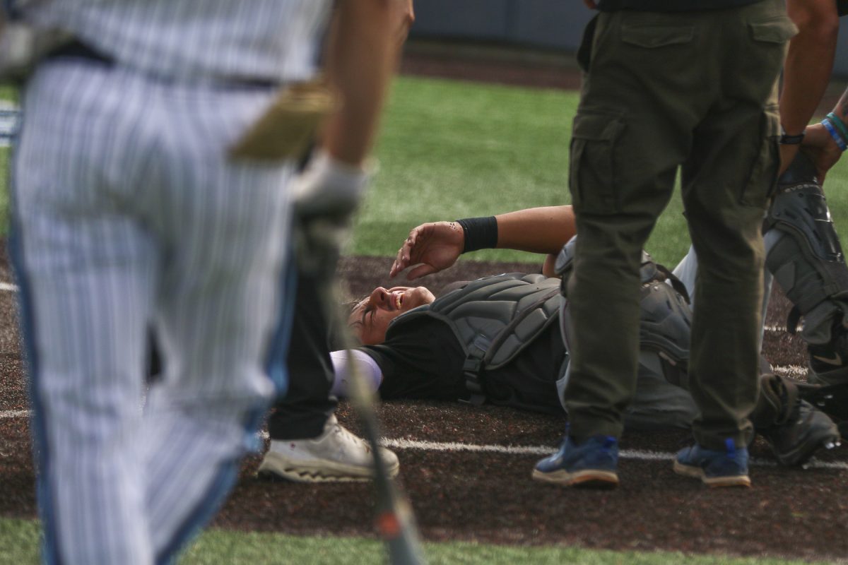 Saddleback College Bobcats catcher Rodrigo Barajas suffers an injury against the El Camino College Warriors at the bottom of the fifth inning on Warrior Field on Friday, May 2, 2025. Photographer Mario Trejos placed fourth for Sports Feature Photo at the Journalism Association of Community Colleges on Saturday, March 7. (Mario Trejos | The Union)