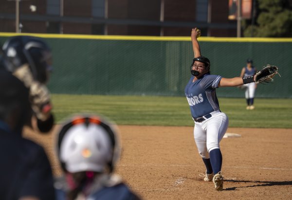 El Camino College pitcher Raquel Alonso strikes out Orange Coast batter Christina Contreras to end the top of the fifth inning on Wednesday, March 18. (Gael Gallardo | The Union)