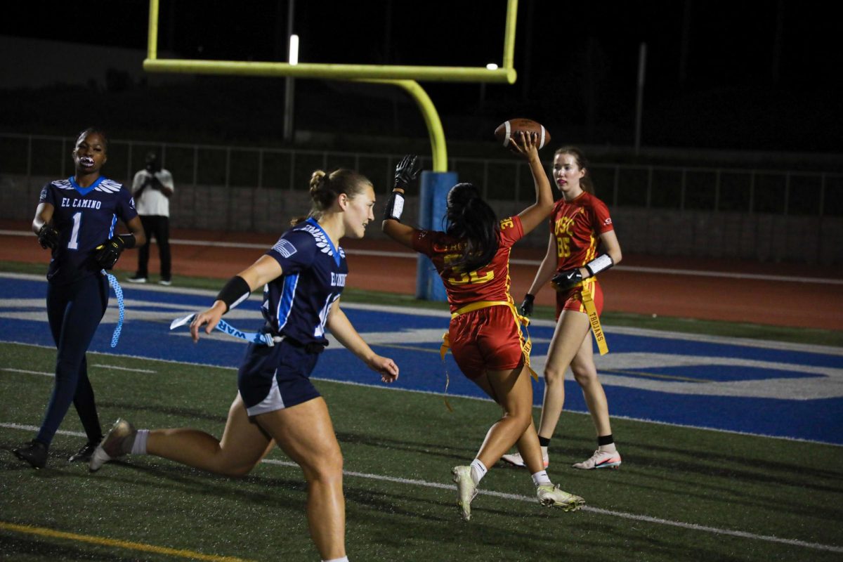 A USC player scores a touchdown on Thursday, April 23. The Warriors lost the match 12-34. (Eleni Klostrakis|The Union)